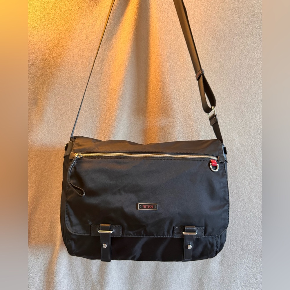 Tumi Black Messenger Bag with Silver Accents